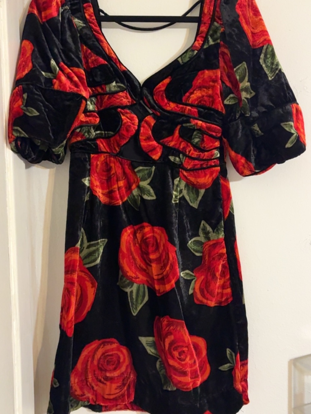 FARM Rio Black Velvet Mini Dress with Red Rose Print